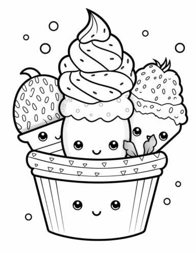 Kawaii Cake Icecream with delightful designs and flavors, like blueberry, chocolate chip, and banana For Simple Coloring page,line art, thick lines, black and white,clipart, illustration, on white background,margin Page 10px