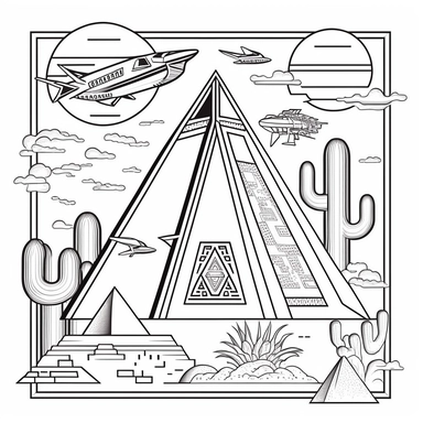 Spaceship, combine Mexican and Egyptian pyramides 5b887445-1ac4-44a1-97ca-12fa2278b91f , Contour Drawing, surreal fantasy abstract drawing, texture. 2D, symmetric, in the style of line art coloring page, black and white, vector drawing style, clipart, white background