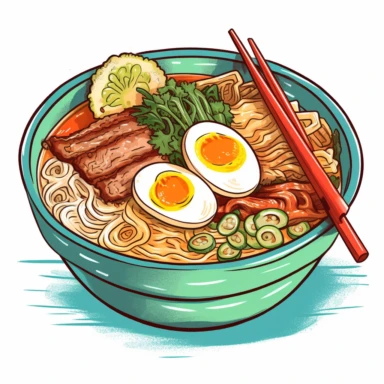 Visualize a hand-drawn, colorful clipart of a steaming hot bowl of ramen, perfect in every detail. The broth appears rich and savory, and the ramen noodles are depicted as thick, soft, and wavy. Topping the bowl are slices of roast pork, a half soft-boiled egg, scallions, and bamboo shoots. It's all set against a bright white background that enhances the tempting colors of the dish.