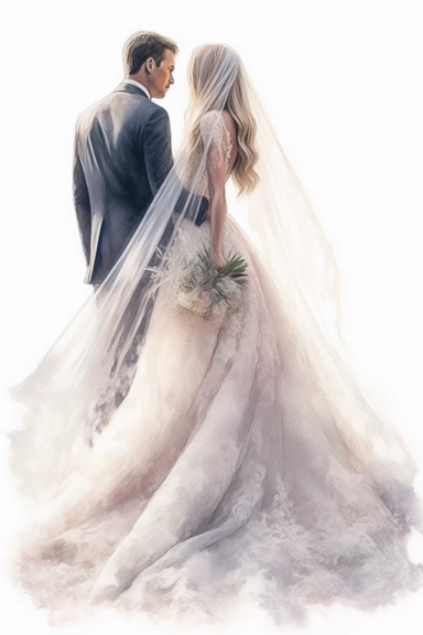 amazing detailed watercolor clipart of a beautiful bride with a beautifully detailed couture dress and a long veil and a handsome groom, solid white background, cinematic light lighting, hyper-detailed, 8k, high resolution, symmetrical, bodyshot photograph, insanely detailed and intricate, beautiful, elegant, watercolor, cinematic