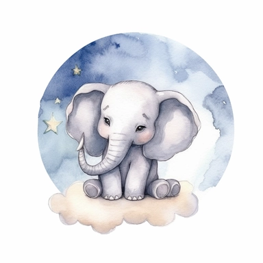 single baby elephant sitting on the crooked moon clipart with watercolor illustration,8k,etsy style