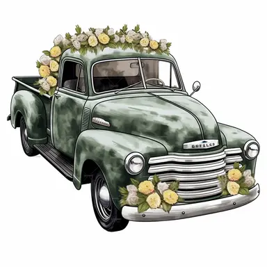 chevy pickup truck filled with olive green roses in the back clipart,hd, white background