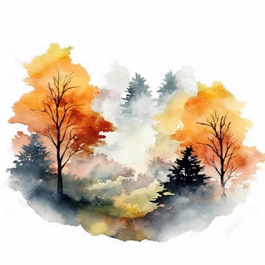 a misty autumn morning in a fog-filled valley with trees peeking through, clipart, watercolor, white background