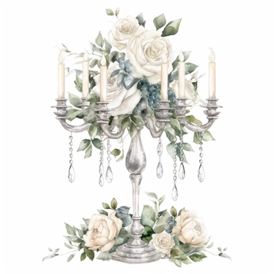 Hand drawn tall 3 tiered crystal candelabra wedding centerpiece, white roses and white flowers with greenery, sparkly crystals, glamorous, very detailed and realistic, watercolor, clipart style, white background with margins