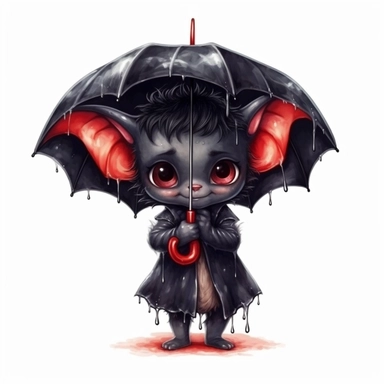 Cute Adorable magical little Devil with black wings holds a umbrella in his hand and wears a raincape and stand in the rain on a country road, clipart, photorealistic illustration, watercolor, high detail, 8k polished, 8k, vibrant colors, sticker, majestic, die cut, Black and Red color, white background