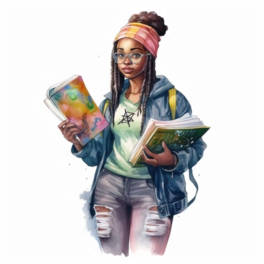 watercolor clip art image of a black teenage girl wearing hip-hop clothes holding a magical book