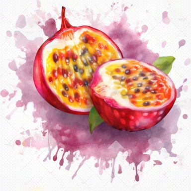 passion fruit slice clipart, passion fruit slice png,watercolor, blots, in the style of johannes jan schoonhoven, red-violet and yellow tints , rounded, decorative paintings, use of light and shadow, rtx on, geometry-inspired , 115:113, in the style of playful geometrics, yanjun cheng, ful witchy academia, meticulous design, 3d concept art , in the style of geometric shapes and patterns, hyper-realistic fruit illustrations, bold, manga-inspired characters, crazy inspired