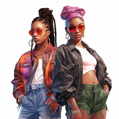 black, African American girls wearing 1990’s style urban streetwear clipart, watercolor style, hyper realistic, detailed, white background