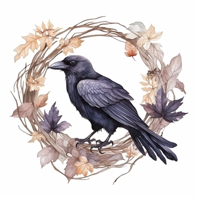 a cute fluffy fat flying raven on a branch, wreath, in a circle, clipart, white background, watercolor, Art Nouveau, highly detailed