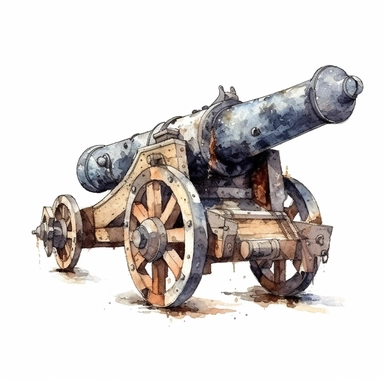 an old ship cannon, white background, watercolor, 8k, high resolution, highly detailed, hyper quality, separate element, clipart, white background