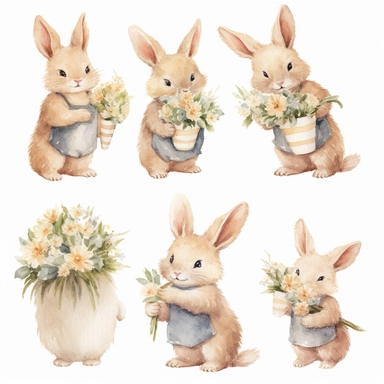 A heartwarming and enchanting collection of watercolor bunny holding flowers clipart, featuring adorable hand-painted bunnies lovingly cradling bouquets of lush flowers. Each bunny is rendered in soft, natural hues that showcase their delightful expressio