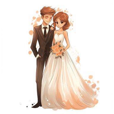 Cute cartoon wedding bride and groom vector, clipart, white background, in the style of elegant realism, muted and subtle tones, detailed painting, transparency and lightness, light orange and dark bronze
