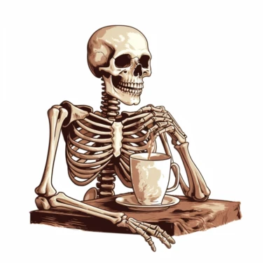 a clipart of a tired skeleton drinking hot cup of coffee trying to stay awake, vintage style, clear transparent background