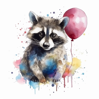 please create watercolor clipart of a raccoon smiling, wearing party BALOONS AND GUM and bubbles, colorful, WHITE BACKGROUND