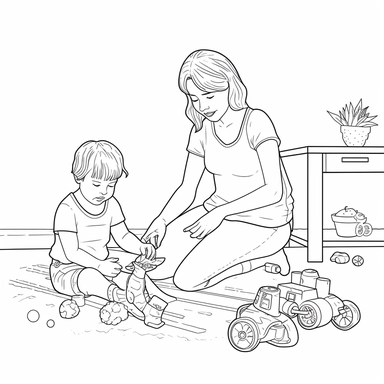 coloring page for kids of a mother and a child playing with toys, full body view, white neutral background, clean line art, low details , 1,5px thick black lines, simple clipart. simple