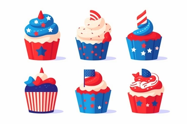 4th of July cupcakes set sweets food. USA happy independence day icing muffin with red and blue stars, flag, cylinder hat. Flat design cartoon holiday dessert vector clip art illustration.