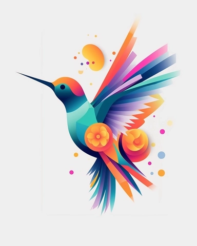 Create a colorful and playful clip art of a hummingbird. Keep the design simple and minimalistic, focusing on capturing the essence of the bird's shape and character. Use bold and vibrant colors to make the hummingbird stand out. Include a small flower or a few scattered petals as a decorative element. Emphasize clean lines and smooth curves to give the clip art a sleek and modern look. Aim for a high-quality, vector-based artwork that can be easily resized and used in various digital and print 