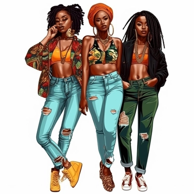 full body, 3 full-figure caribbean women in streetwear, clipart style, whiote background, highly detailed, very attractive, glamourous, make up beautiful, gorgeous, glowing, happy smiling