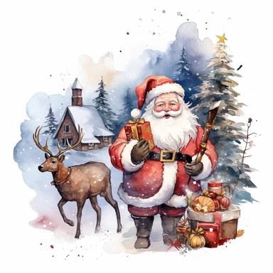 Snowman, santa claus, deer, christmas gnomes, sleigh, gifts, christmas decorations, christmas tree watercolor christmas clipart