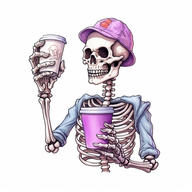 Skeleton barista handing out a cup of coffee, cartoon cutout style by Lucy Fleming, watercolor, smooth gradients, black contour outline, ultra detailed, clipart elements, delicate pastel colors, solid white background, super clear, high quality