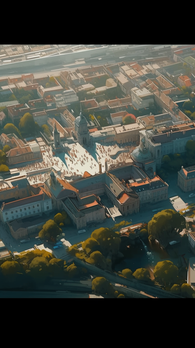 Long view bird's eye view of the city shot, camera focus, photographic shot, movie clip, sparkling image. The picture has a dynamic rhythm, beautiful light and shadow, high saturation, oil painting texture, atmosphere, villagecore, cabincore, realistic fantasy art, soft and dreamy depiction, 8k, ultra high definition, symmetrical composition, details, harmonious image