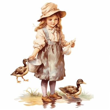 victorian vintage adorable little girl feeding ducks with baquette, full body, pastel beige colors, clipart style, watercolor technique, super high quality, professional watercolor clipart, high resolution