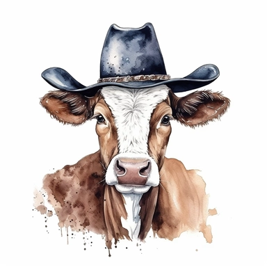 Painted illustration cow with cowboy hat, clip art, digital art, HD, white background, watercolor, clean line art