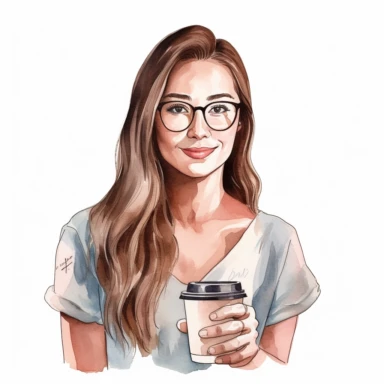 a beautiful woman with glasses and a nerdy look holding a cup of coffee, watercolor pastel clipart style on a white background, 8k detailed