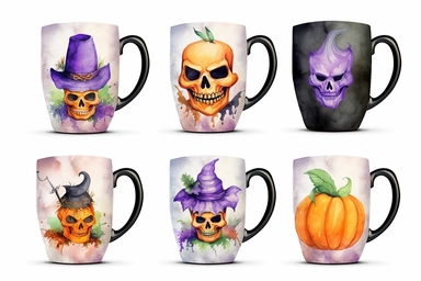 halloween coffee mug, purple, black green, orange, watercolor clipart