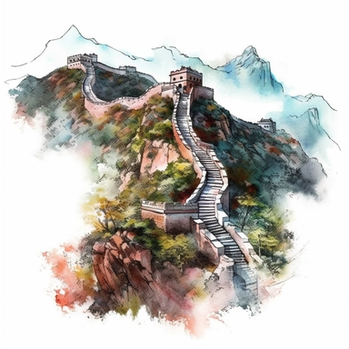 A clipart of the Great Wall of China snaking through mountains, painted in watercolor style, designed on a white background.