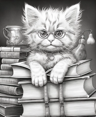 cartoon kitten with glasses sitting on books clipart illustration coloring pages, in the style of highly detailed realism, alson skinner clark, cluj school, david yarrow, jeremiah ketner, science-based, precisionist lines