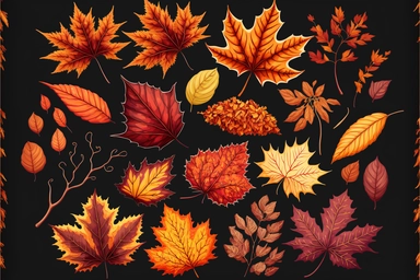 autumn maple leaves, orange fall leaf, thanksgiving or halloween design elements in orange red and yellow autumn colors, seasonal clip art or png design elements for border or background illustrations