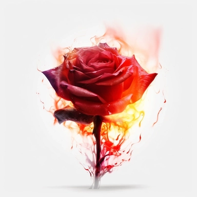red flame dipped Rose with magical effects and burning effects, clipart, hyper-realistic painting, airbrush art, richly layered, solid white background, minimalist background, in the style of ethereal illustrations, mende art, kimoicore, romantic emotivity, nouveau réalisme, rich and immersive, soft color, wedding theme