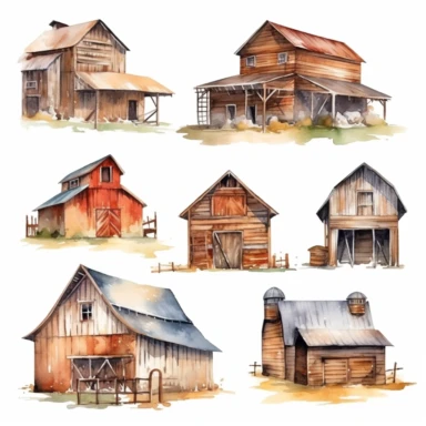 watercolor Old west style barns, illustrations clipart set, simple, , cartoon elements ,different variants , separate elements with a margin