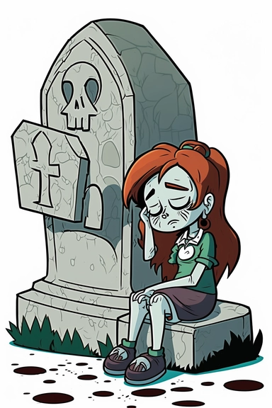a cartoon girl sitting in front of a tombstone, a cartoon, deviantart contest winner, crimson hair, rip and tear, she is about 1 6 years old, clipart