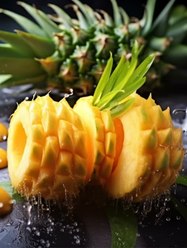 pineapple, fresh, juice splash, delicious temptation, green leaves, table background, food photography, canon camera, 8K, close up