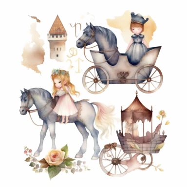 cute hand drawn watercolor clipart set on white background featuring horse and carriage, like this