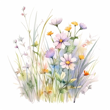 Watercolor drawing dreamy soft pale foggy spring wildflowers grass, watercolor floral clipart, white background, isolated on white, 8k, watercolor style