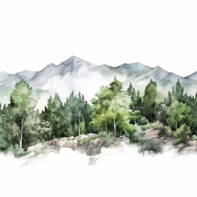 Watercolor wide mountain scene with trees, beautiful details, ultra detailed, ultra photo real intricate detailed, high definition, graphic clipart, hyper realistic, detailed, white background