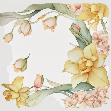 YELLOW NARCISSUS FLOWERCOLOR AND PINK BLOSSOM PRE MADE BORDER, pastel pale COLORS, clipart, no background, blank space for writing, CLEAN OUTLINE, delicate and elegant, dreamy airy color, classic style, airy watery colors, with elements of GREEN LEAVES and bluberries, hd, best quality, 8k,