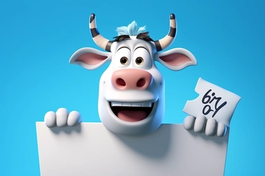 character cartoon cow with banner in clipart 3d image, in the style of unreal engine 5, natalia rak, movie still, matte photo, lightbox, relief, white and cyan