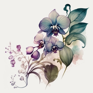 Watercolor painting style of an orchid clipart with large, violett:5 petals and heart-shaped leaves on a twisted stem, featuring cascading flowers. The designs are set against a white background with soft lighting, highlighting the delicate beauty of the flowers. The petals of the flowers are painted with a watercolor technique, creating a soft and ethereal effect. The leaves and stems are also painted with a watercolor technique, creating a sense of movement and fluidity. The designs are perfec