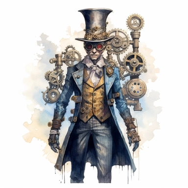 steampunk victorian prototype, full body, watercolor, gears, pinions, calipers, clocks, rivets, top hat, clipart, duo tone, realistic, ultra resolution, vivid detail, 8k, minimal watercolors, white background