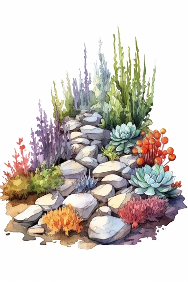 watercolor clipart of a gorgeous flower garden bed with rocks, colored pencil drawing, good composition, vector, contour, isolated white background, 16k