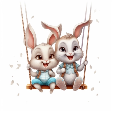Cute Beautiful Happy Face Couple Baby Bunny sit on a swing Sublimation Clipart , Cartoon, hyper realistic, intricate detail, illustration style, high solution, isolated on the white background