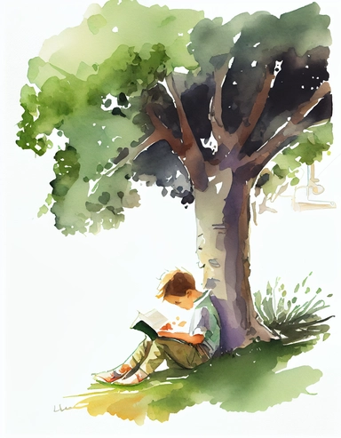 detailed watercolor child reading a book under a big tree, long shot, wide angle, realistic, isolated on white background, clipart