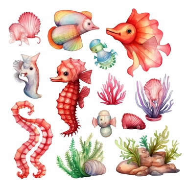 watercolor clipart, ocean cute sea creatures, seahorse, fish, octupus