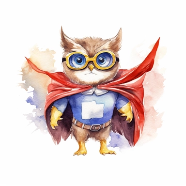 a courageous watercolor clipart image with a white background, featuring a cute cartoon owl superhero