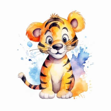 a colorful tigger with kind eyes clipart with watercolor illustration,full body shot,8k,etsy style, white background