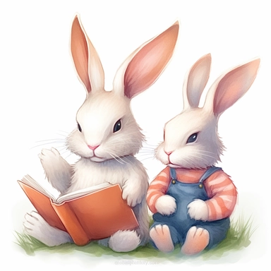 Cute rabbit wear pink shirt read children book to shirtless white cute bunny clipart,smile expression, they sit side by side pose, left side view, in the style of watercolor cartoon clipart, beatrix potter style,pixar style, high resolution, composition free space, pastel color scheme, soft and tender, watercolour clipart, watercolor illlustration for kids and children,isolated white background, clipart most popular on etsy, book illustration, featured on dribble,print on demand image, PNG tranp